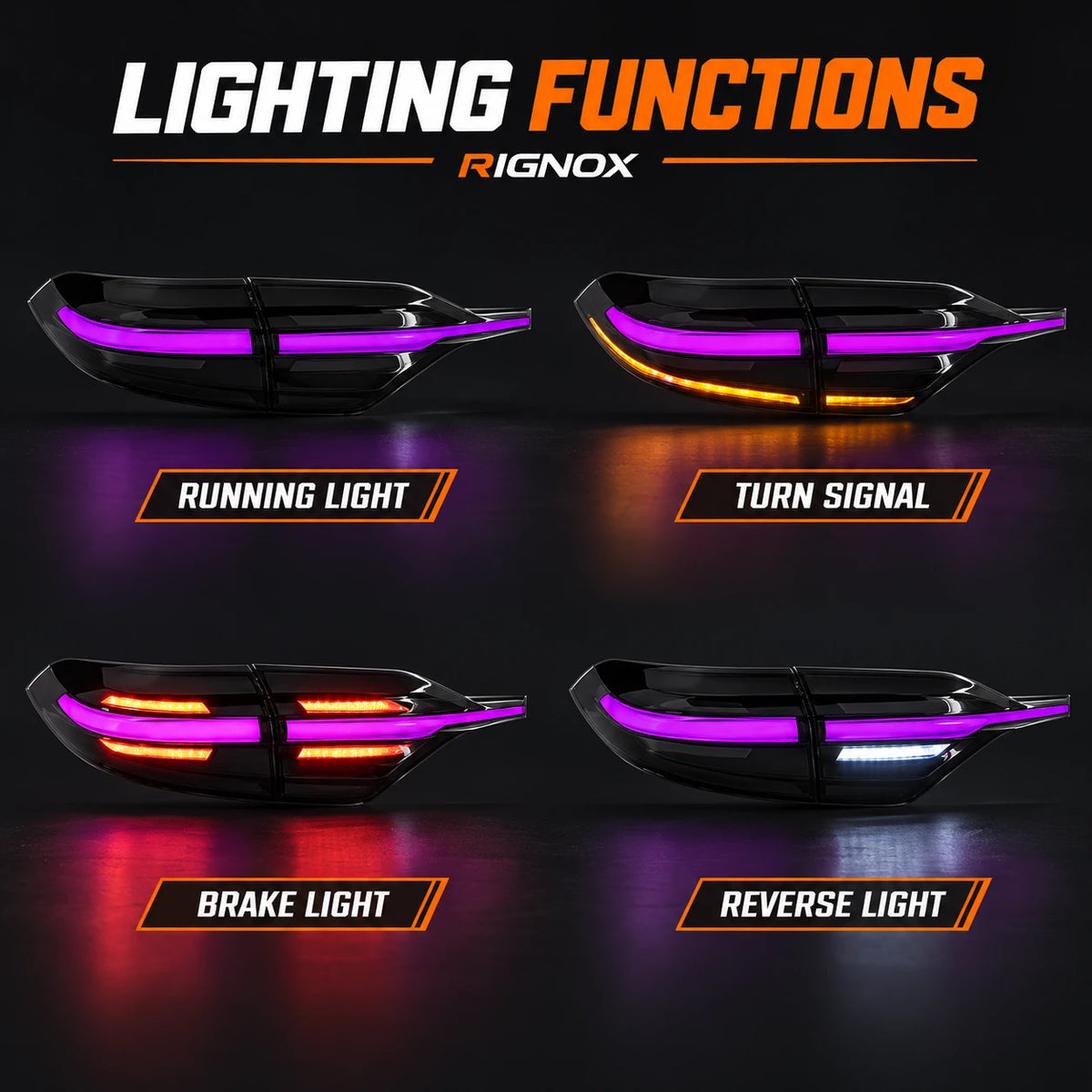 2020-2026 Toyota Corolla Sedan Sequential LED Tail Lights Assembly Full-Width Bar — lighting functions — T-COR20-RGB