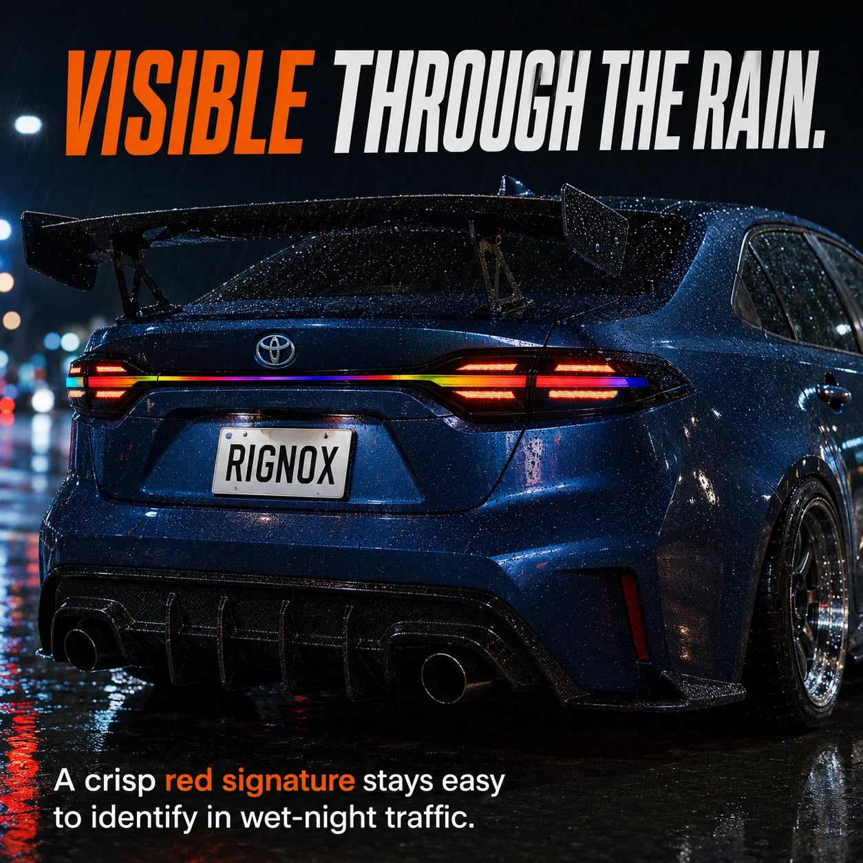 2020-2026 Toyota Corolla Sedan Sequential LED Tail Lights Assembly Full-Width Bar — rainy close-up look — T-COR20-RGB