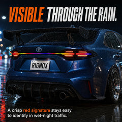 2020-2026 Toyota Corolla Sedan Sequential LED Tail Lights Assembly Full-Width Bar — rainy close-up look — T-COR20-RGB