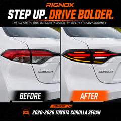 2020-2026 Toyota Corolla Sedan Sequential LED Tail Lights Assembly Full-Width Bar — before after upgrade — T-COR20-SRT