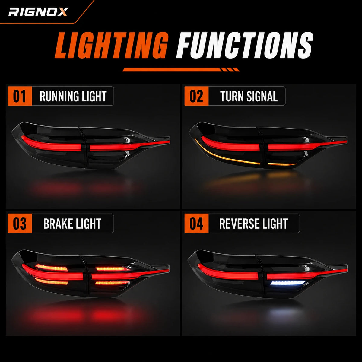 2020-2026 Toyota Corolla Sedan Sequential LED Tail Lights Assembly Full-Width Bar — lighting functions — T-COR20-SRT