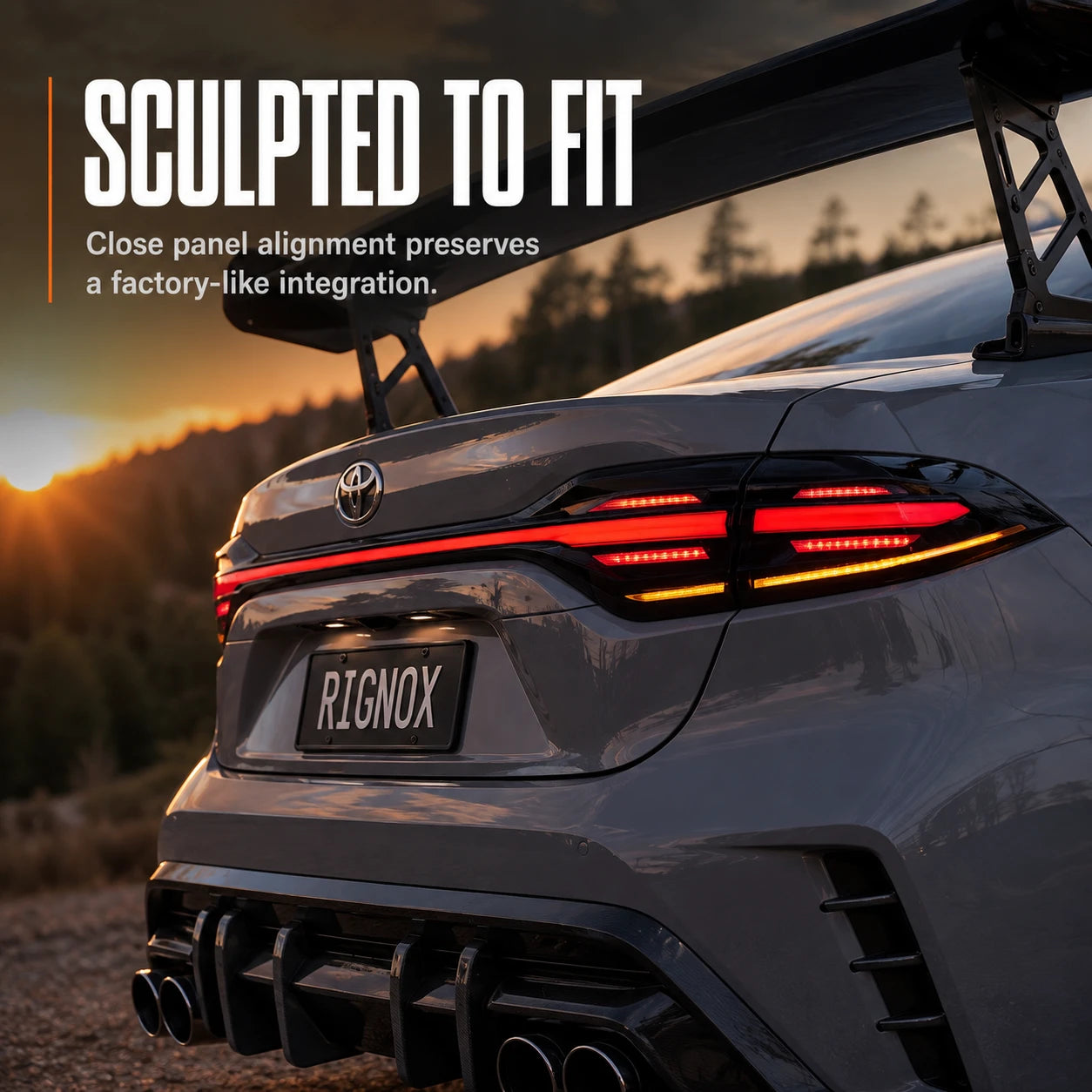 2020-2026 Toyota Corolla Sedan Sequential LED Tail Lights Assembly Full-Width Bar — sunset close-up view — T-COR20-SWT