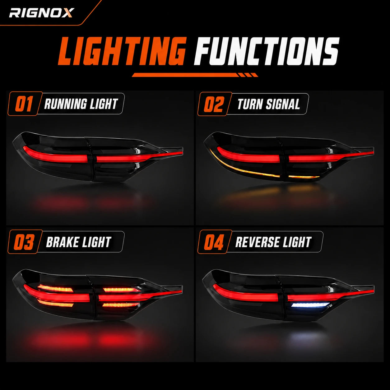 2020-2026 Toyota Corolla Sedan Sequential LED Tail Lights Assembly Full-Width Bar — lighting functions — T-COR20-SWT
