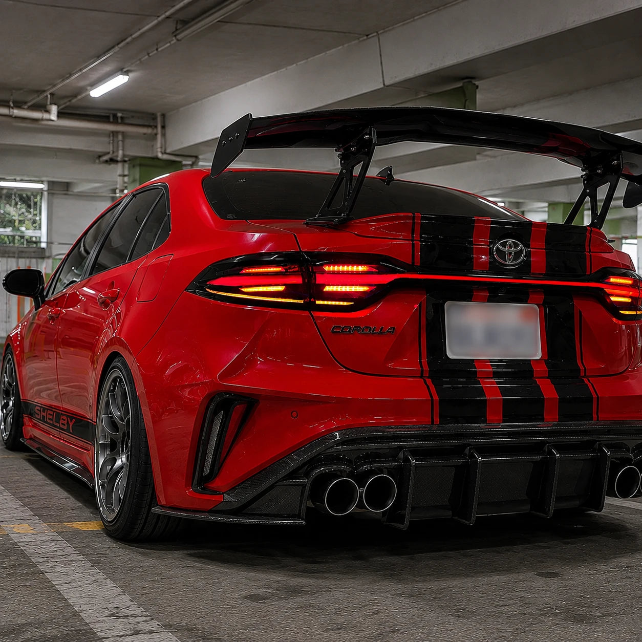 2020-2026 Toyota Corolla Sedan Sequential LED Tail Lights Assembly Full-Width Bar — parking lot view — T-COR20-SWT