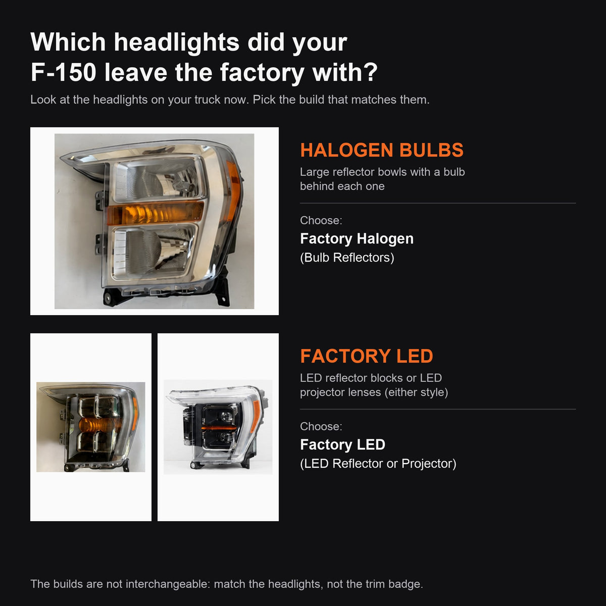 2021-2023 Ford F-150 headlights — which factory headlights do you have: halogen bulb reflectors or factory LED — H-F150-21-HAL H-F150-21-LED