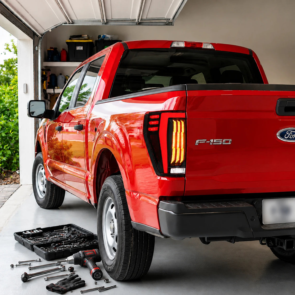 2021-2023 Ford F-150 LED Tail Lights Assembly — garage parking view — T-F150-21-TEXL