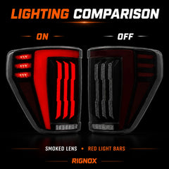 2021-2023 Ford F-150 LED Tail Lights Assembly — lit and unlit comparison — T-F150-21-TEXL