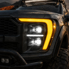 2021-2023 Ford F-150 LED Dual Projector Headlights with White and Amber DRL — clear white ledprojector amber close up H-F150-21-HAL H-F150-21-LED