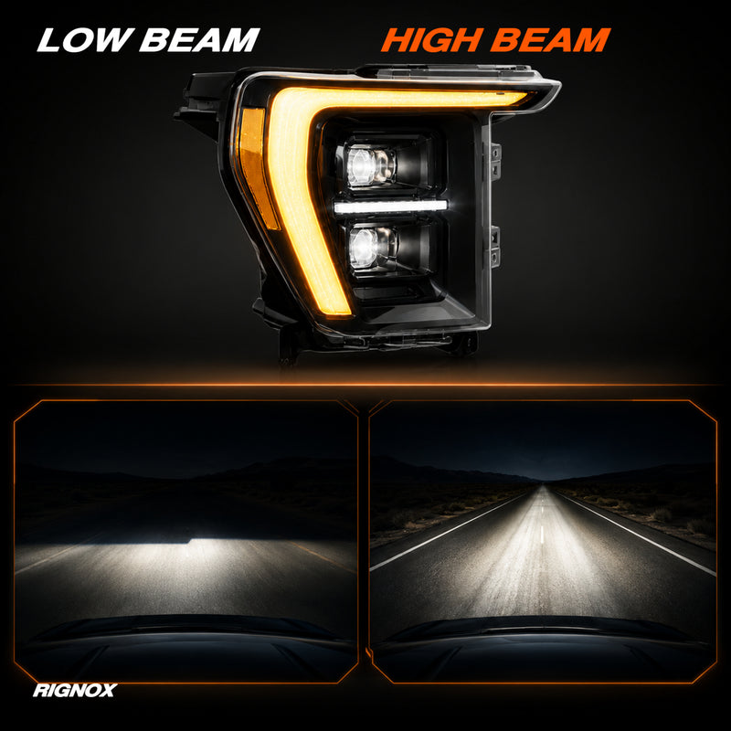 2021-2023 Ford F-150 LED Dual Projector Headlights with White and Amber DRL — clear white ledprojector low high beam10 H-F150-21-HAL H-F150-21-LED