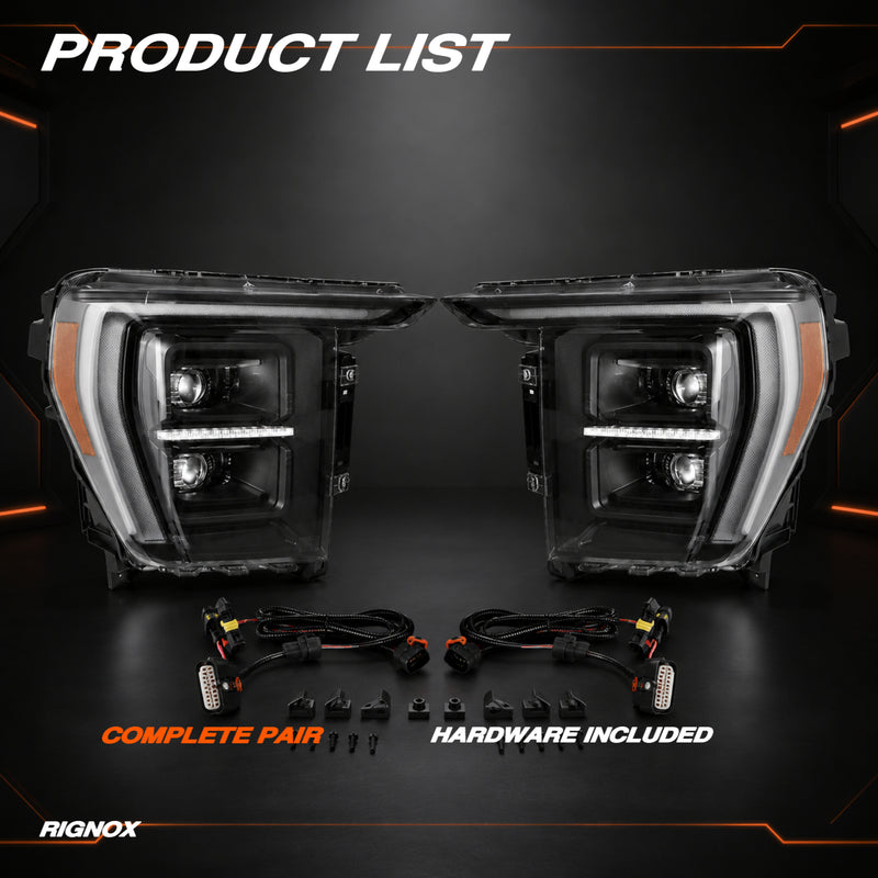 2021-2023 Ford F-150 LED Dual Projector Headlights with White and Amber DRL — clear white ledprojector product list16 H-F150-21-HAL H-F150-21-LED