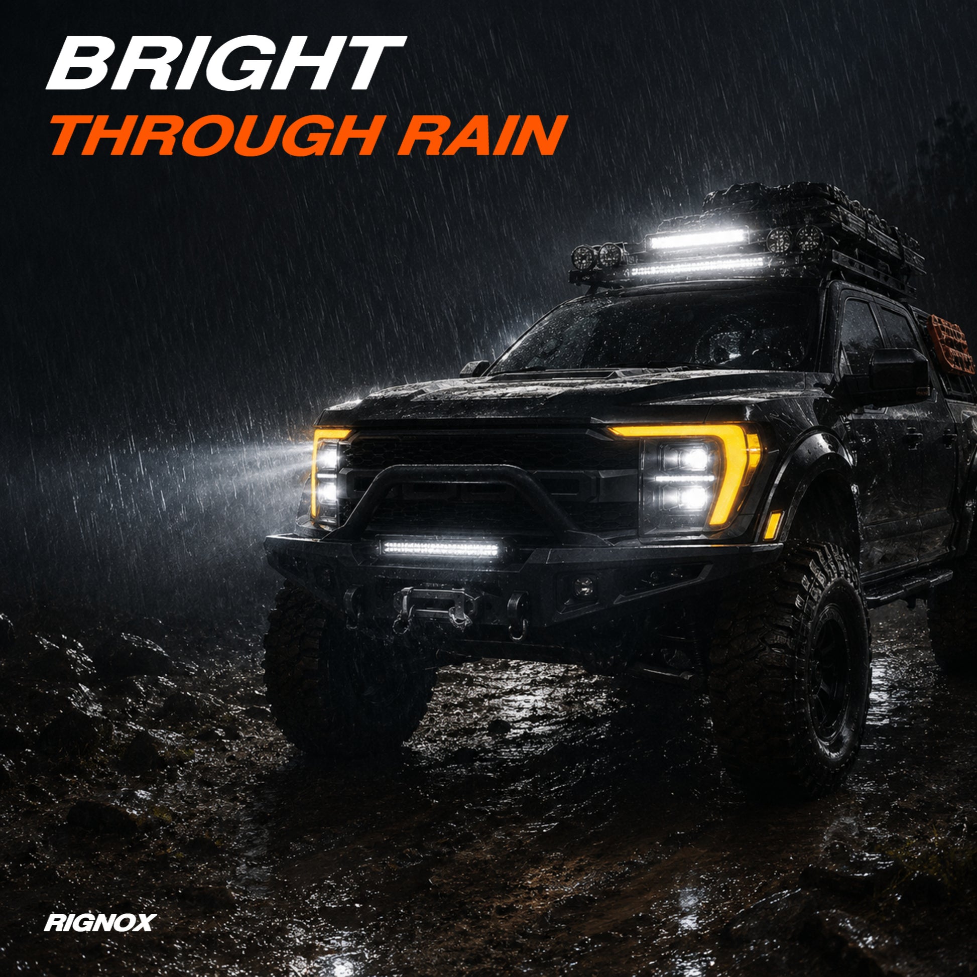 2021-2023 Ford F-150 LED Dual Projector Headlights with White and Amber DRL — clear white ledprojector rain visibility11 H-F150-21-HAL H-F150-21-LED