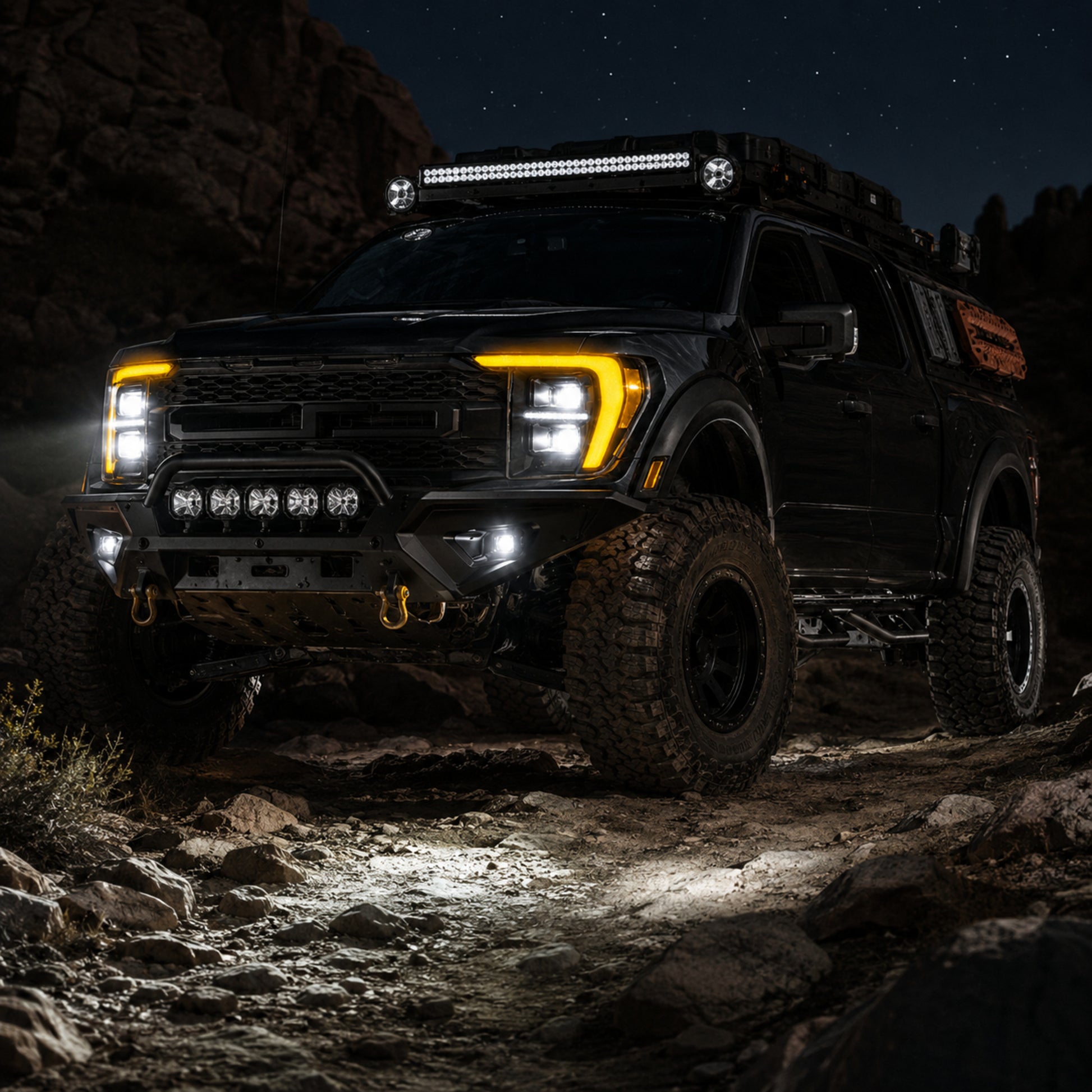 2021-2023 Ford F-150 LED Dual Projector Headlights with White and Amber DRL — clear white ledprojector trail lighting H-F150-21-HAL H-F150-21-LED