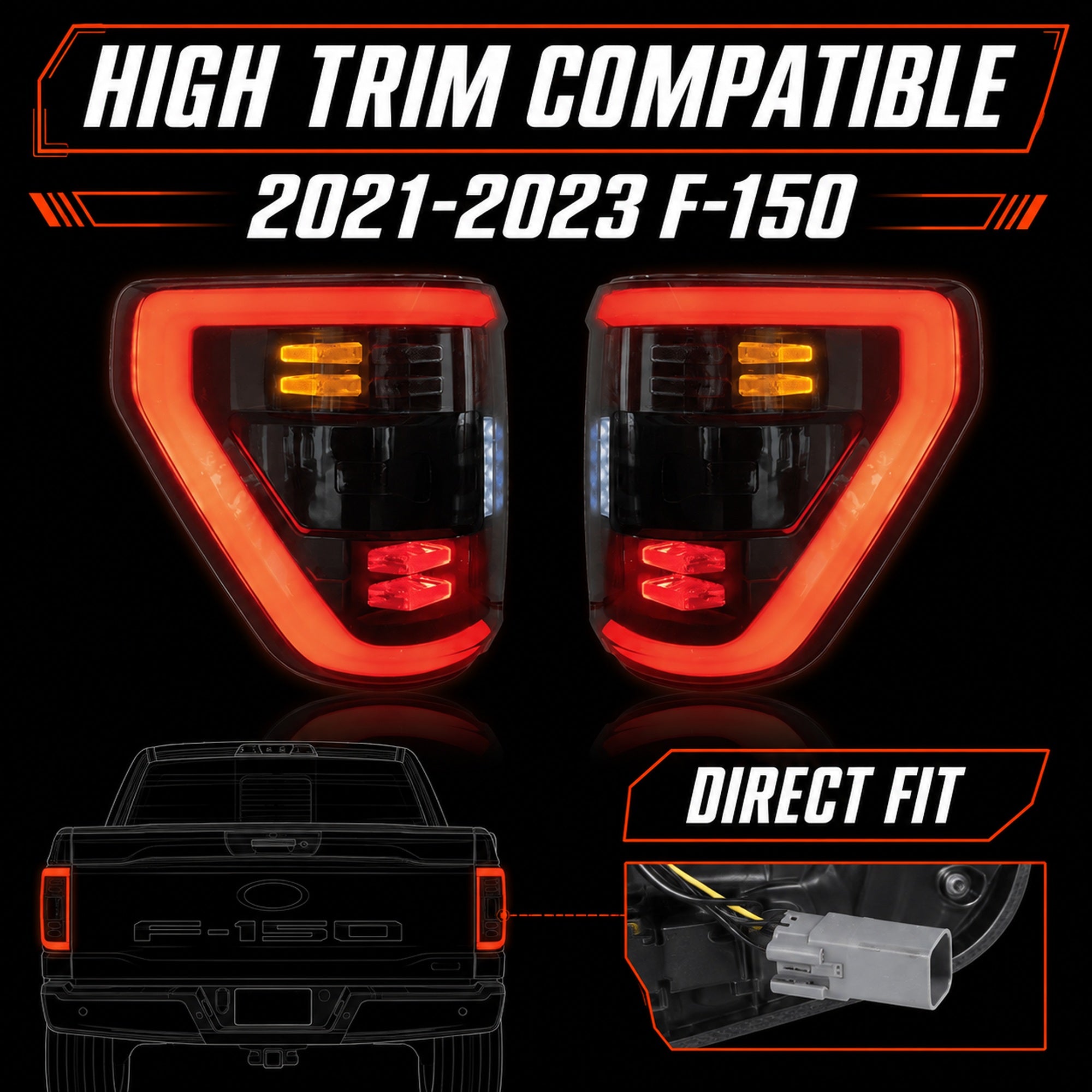 2021-2023 Ford F-150 LED Tail Lights Assembly — smoked red LED fitment high trim H-F150-21-HAL H-F150-21-LED