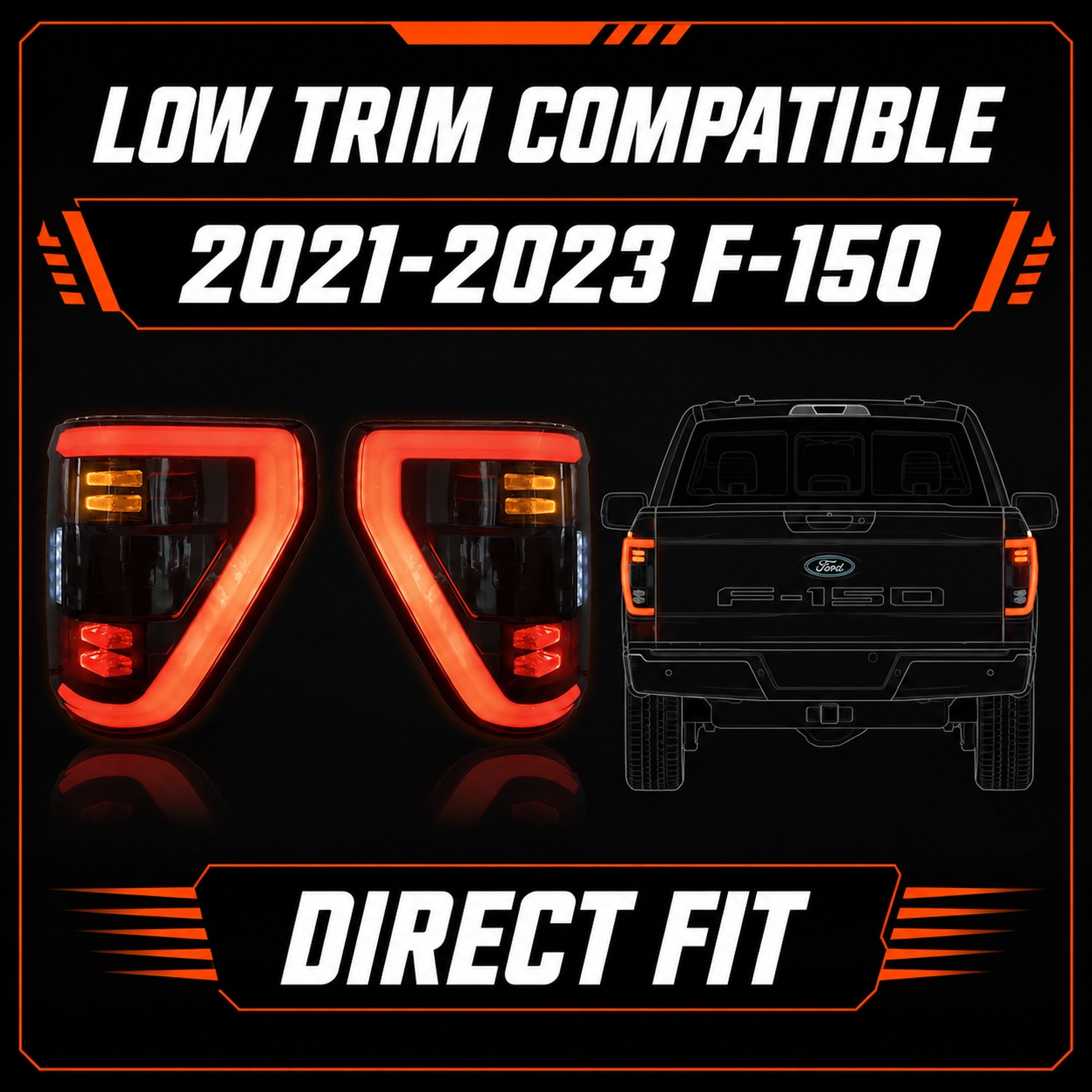 2021-2023 Ford F-150 LED Tail Lights | Smoke + Red Bar, Trim-Specific Fitment