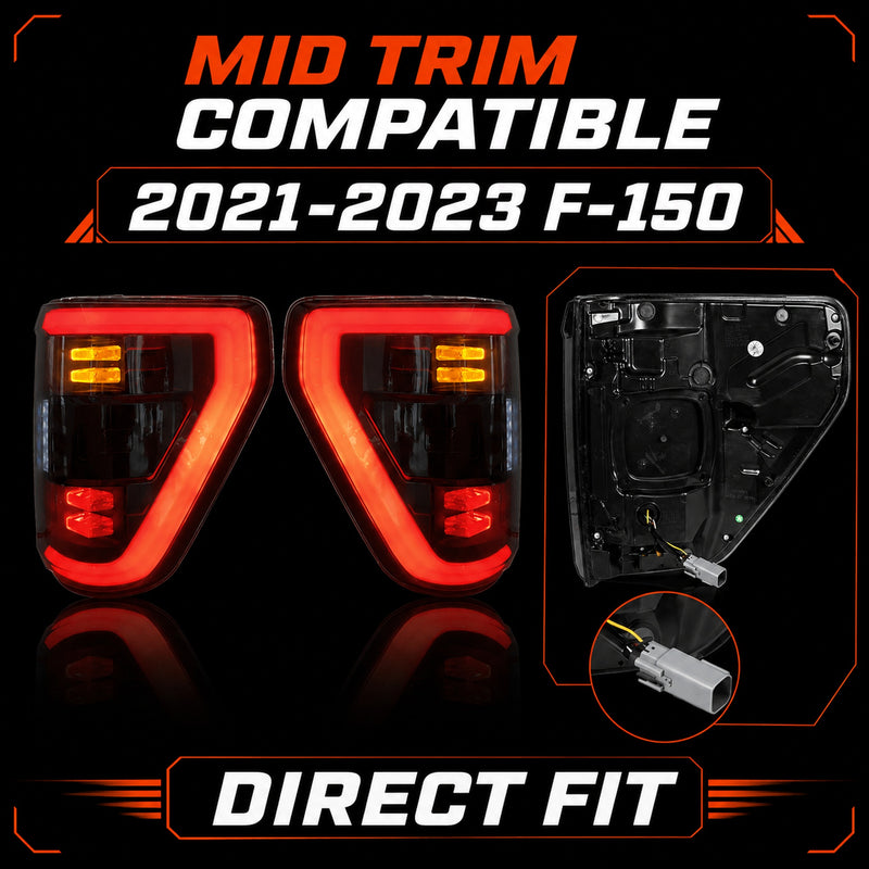 2021-2023 Ford F-150 LED Tail Lights Assembly — smoked red LED fitment mid trim H-F150-21-HAL H-F150-21-LED
