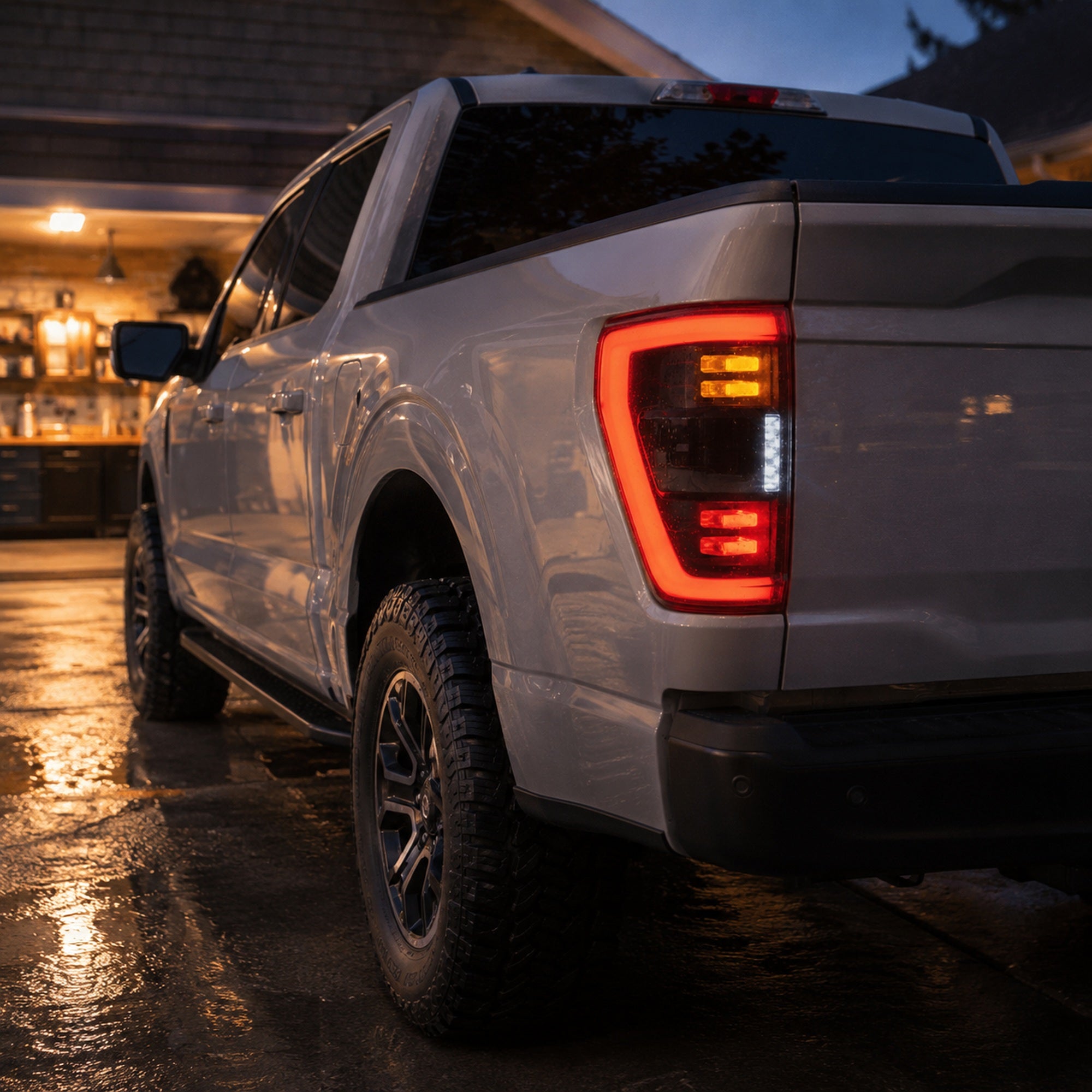 2021-2023 Ford F-150 LED Tail Lights Assembly — smoked red LED scene driveway H-F150-21-HAL H-F150-21-LED