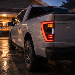 2021-2023 Ford F-150 LED Tail Lights Assembly — smoked red LED scene driveway H-F150-21-HAL H-F150-21-LED