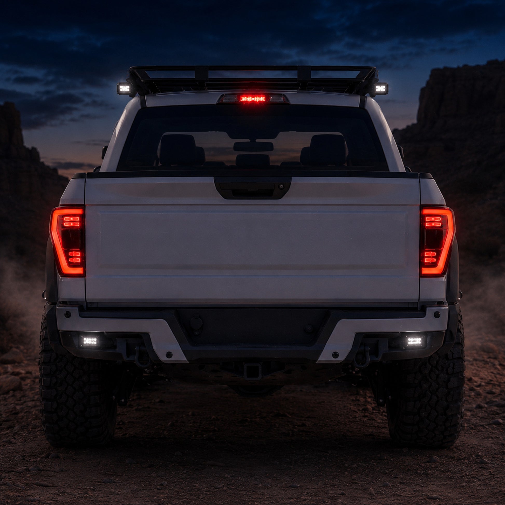 2021-2023 Ford F-150 LED Tail Lights Assembly — smoked red LED scene night rear view H-F150-21-HAL H-F150-21-LED