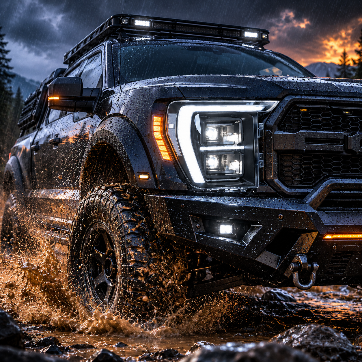 2021-2023 Ford F-150 LED Dual Projector Headlights with White and Amber DRL — black housing scene H-F150-21-HAL H-F150-21-LED