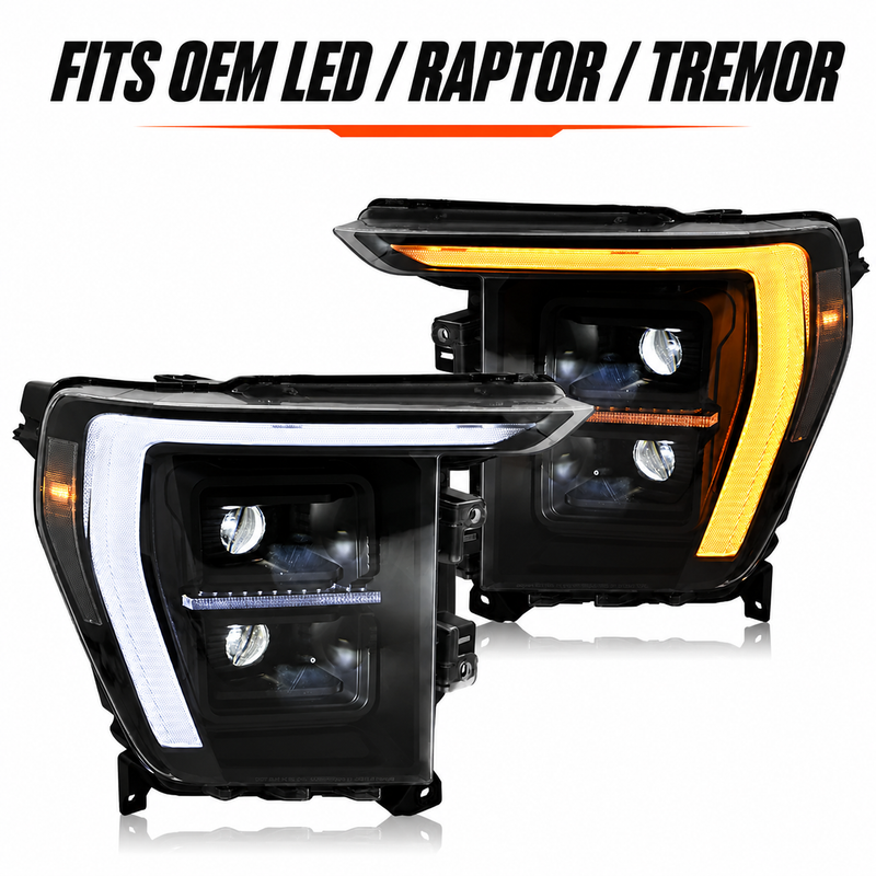 2021-2023 Ford F-150 LED Dual Projector Headlights with White and Amber DRL — LED dual projector fits OEM LED raptor tremor H-F150-21-HAL H-F150-21-LED