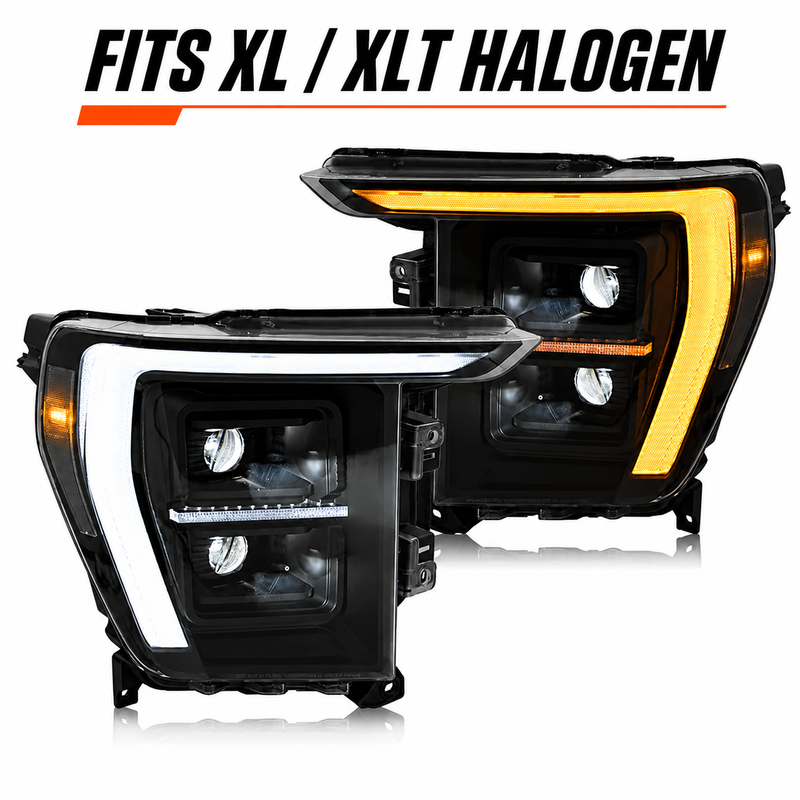 2021-2023 Ford F-150 LED Dual Projector Headlights with White and Amber DRL — LED dual projector fits xl xlt halogen H-F150-21-HAL H-F150-21-LED