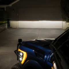 2021-2023 Ford F-150 LED Dual Projector Headlights — beam cutoff line on garage wall — H-F150-21-HAL H-F150-21-LED