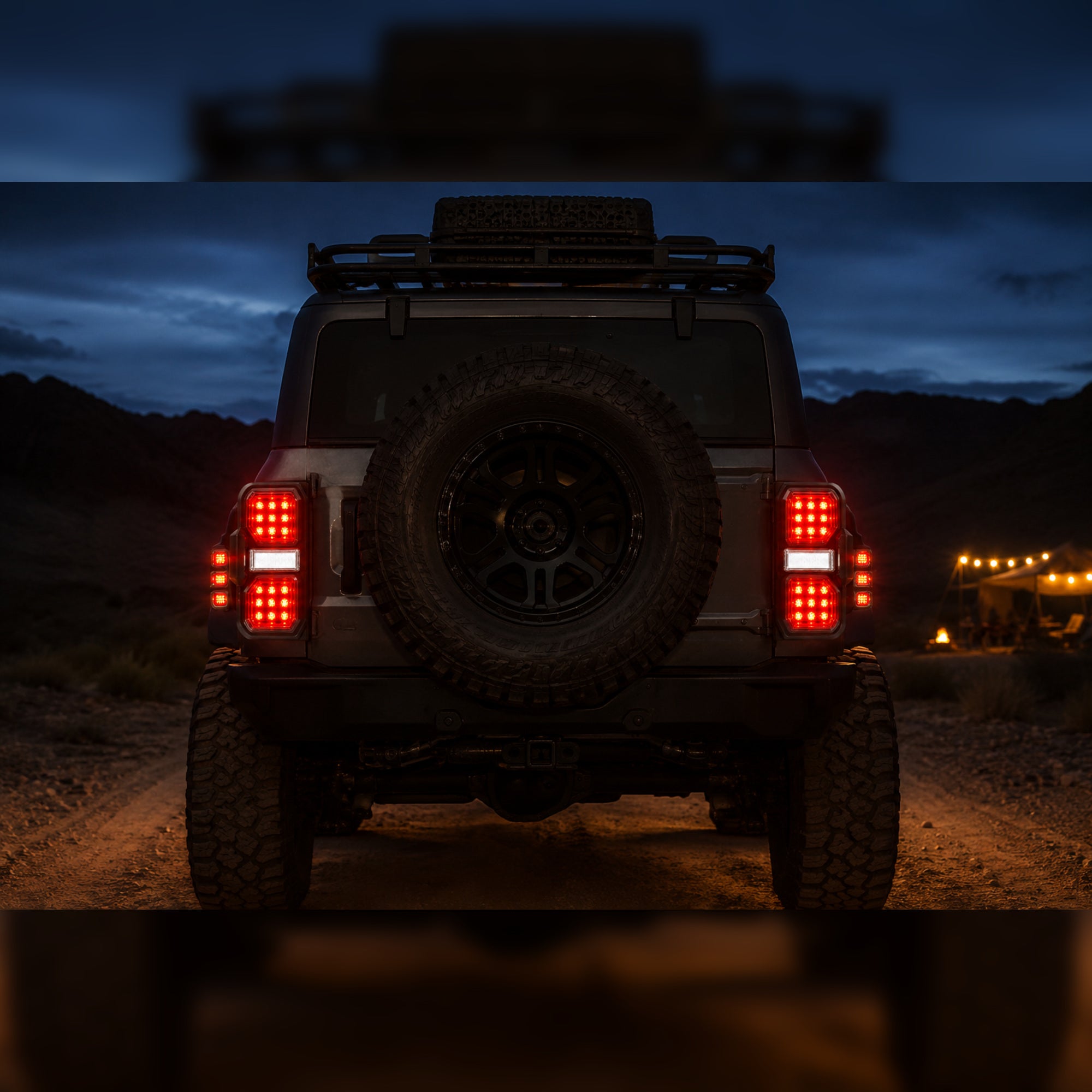 2021-2024 Ford Bronco Sequential LED Tail Lights — smoked white night rear view