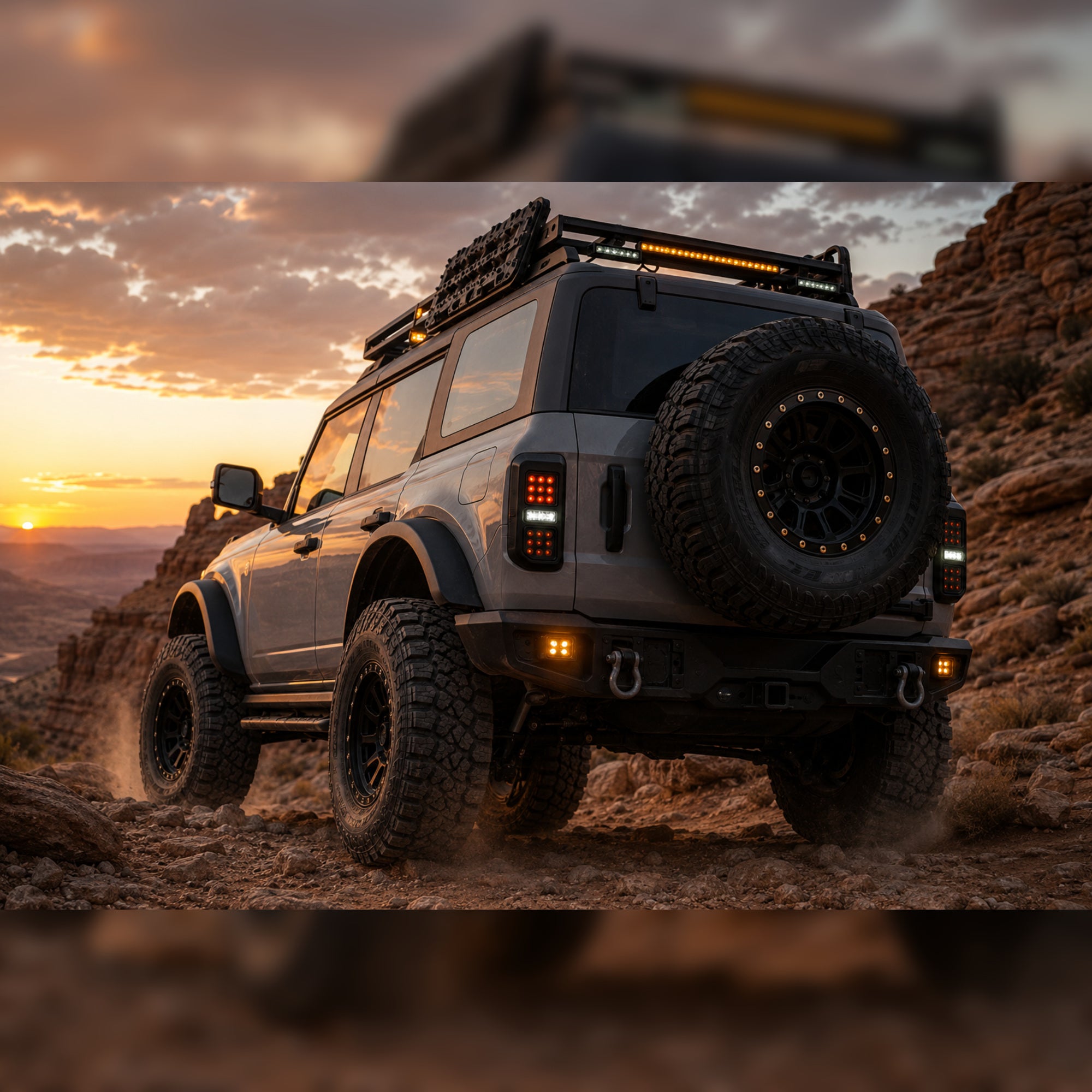 2021-2024 Ford Bronco Sequential LED Tail Lights — smoked white rocky trail scene