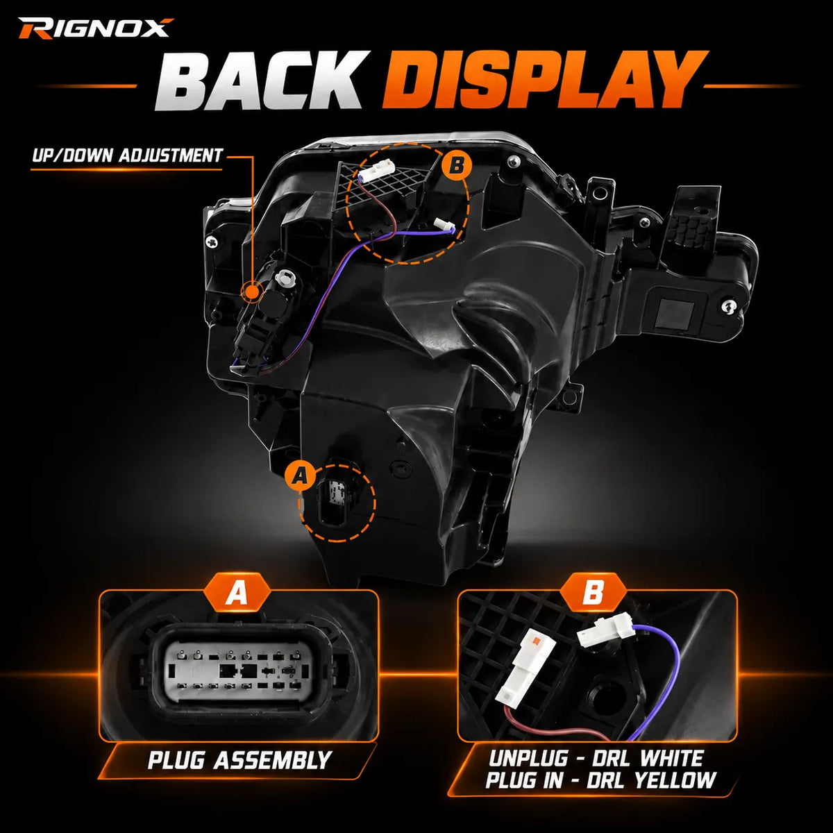 2021-2026 Ford Bronco LED Quad Projector Headlights Assembly — Pair — Rear housing and connector details — H-BR21-4P-RGB