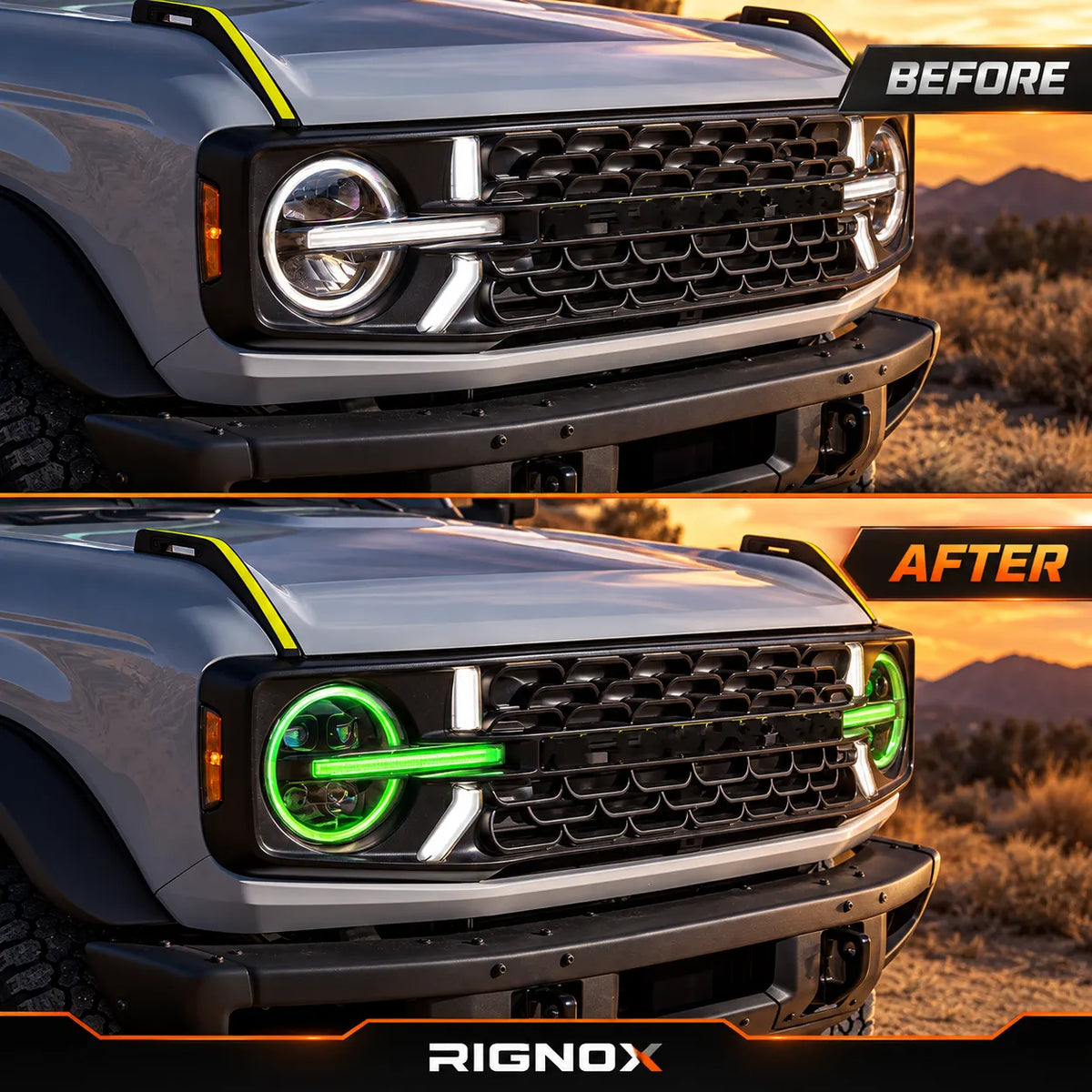 2021-2026 Ford Bronco LED Quad Projector Headlights Assembly — Pair — Before and after RGB lighting comparison — H-BR21-4P-RGB