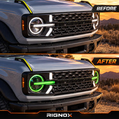 2021-2026 Ford Bronco LED Quad Projector Headlights Assembly — Pair — Before and after RGB lighting comparison — H-BR21-4P-RGB