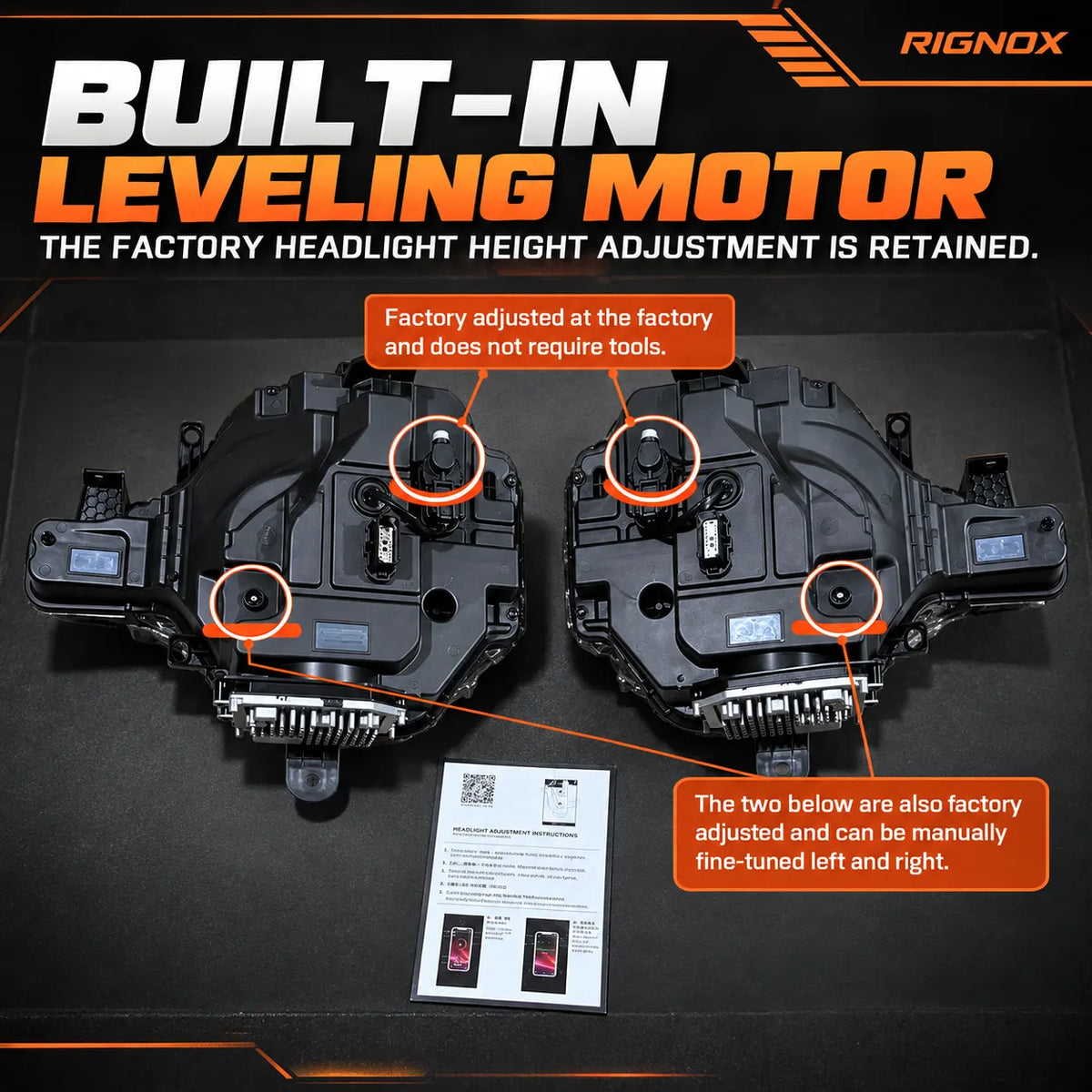 2021-2026 Ford Bronco LED Quad Projector Headlights Assembly — Pair — Built-in leveling motor and adjustment points — H-BR21-4P-RGB