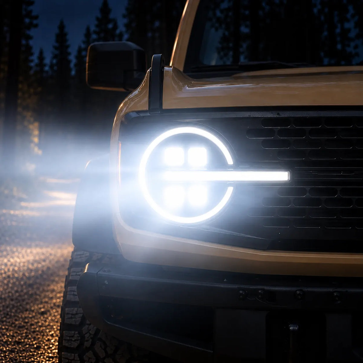 2021-2026 Ford Bronco LED Quad Projector Headlights Assembly — Pair — White headlights illuminated at night — H-BR21-4P-RGB