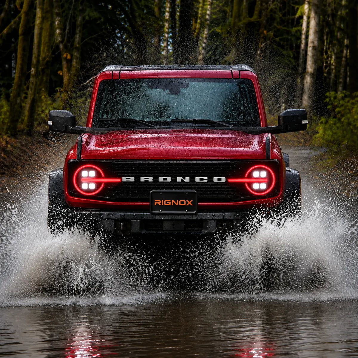 2021-2026 Ford Bronco LED Quad Projector Headlights Assembly — Pair — Red Bronco driving through water — H-BR21-4P-RGB