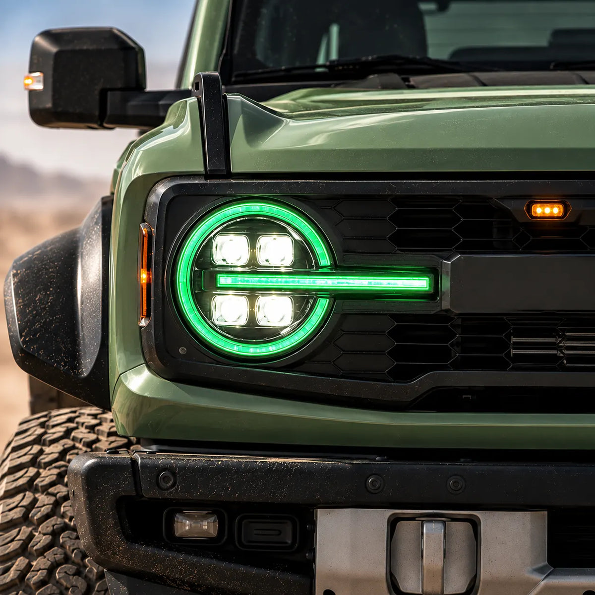 2021-2026 Ford Bronco LED Quad Projector Headlights Assembly — Pair — Green RGB DRL close-up — H-BR21-4P-RGB
