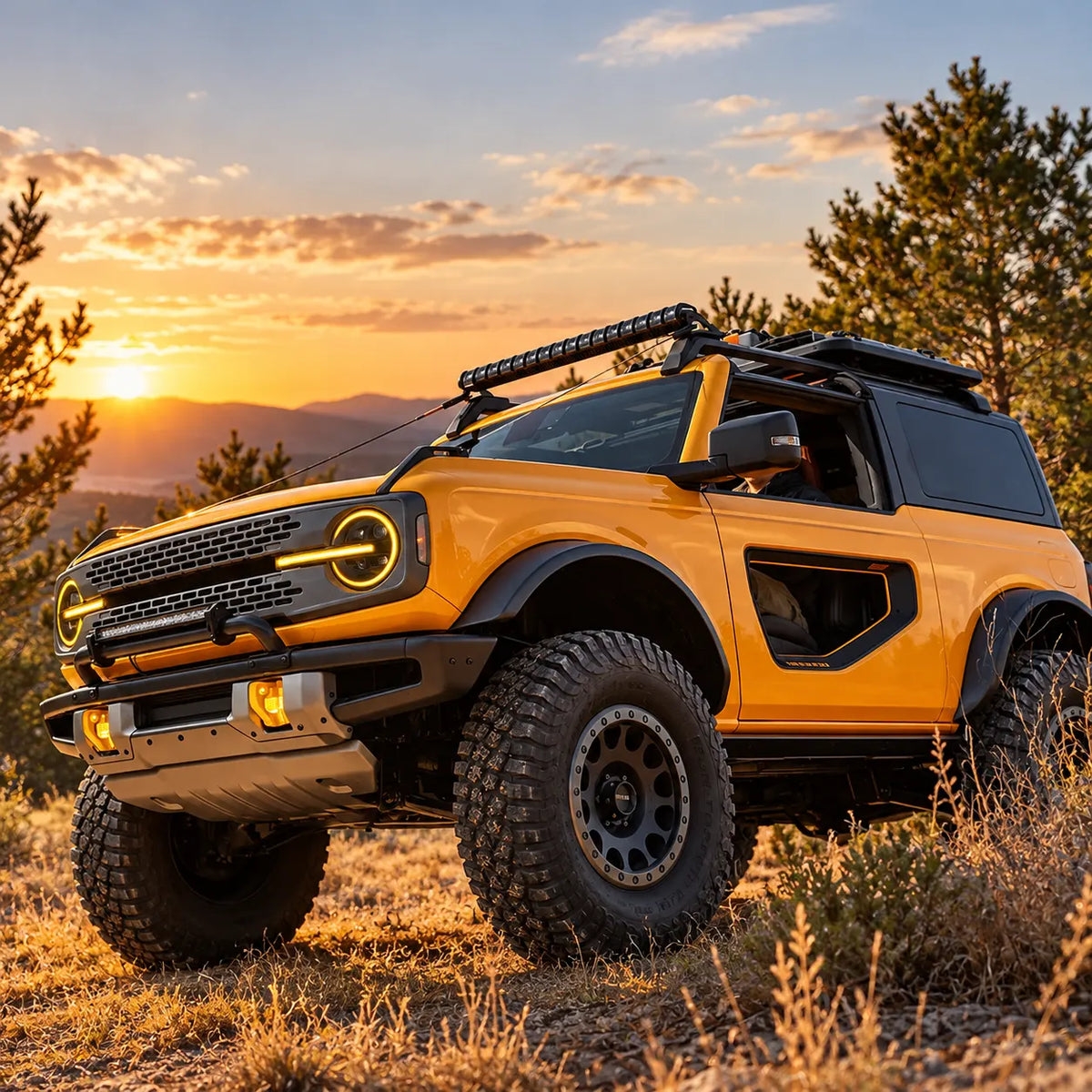 2021-2026 Ford Bronco LED Quad Projector Headlights Assembly — Pair — Amber DRL on Bronco at sunset — H-BR21-4P-RGB