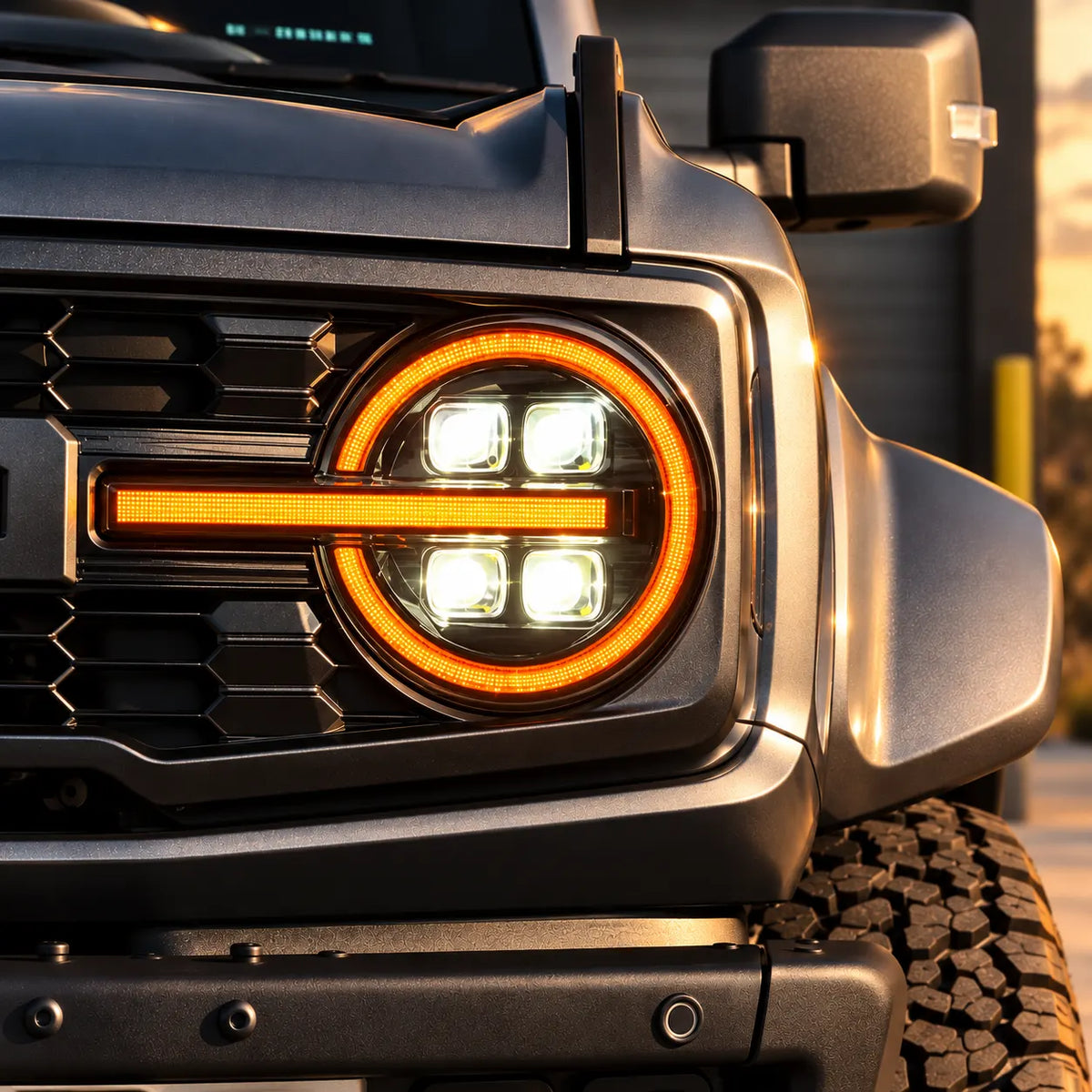 2021-2026 Ford Bronco LED Quad Projector Headlights Assembly — Pair — Amber illuminated headlight close-up — H-BR21-4P-RGB