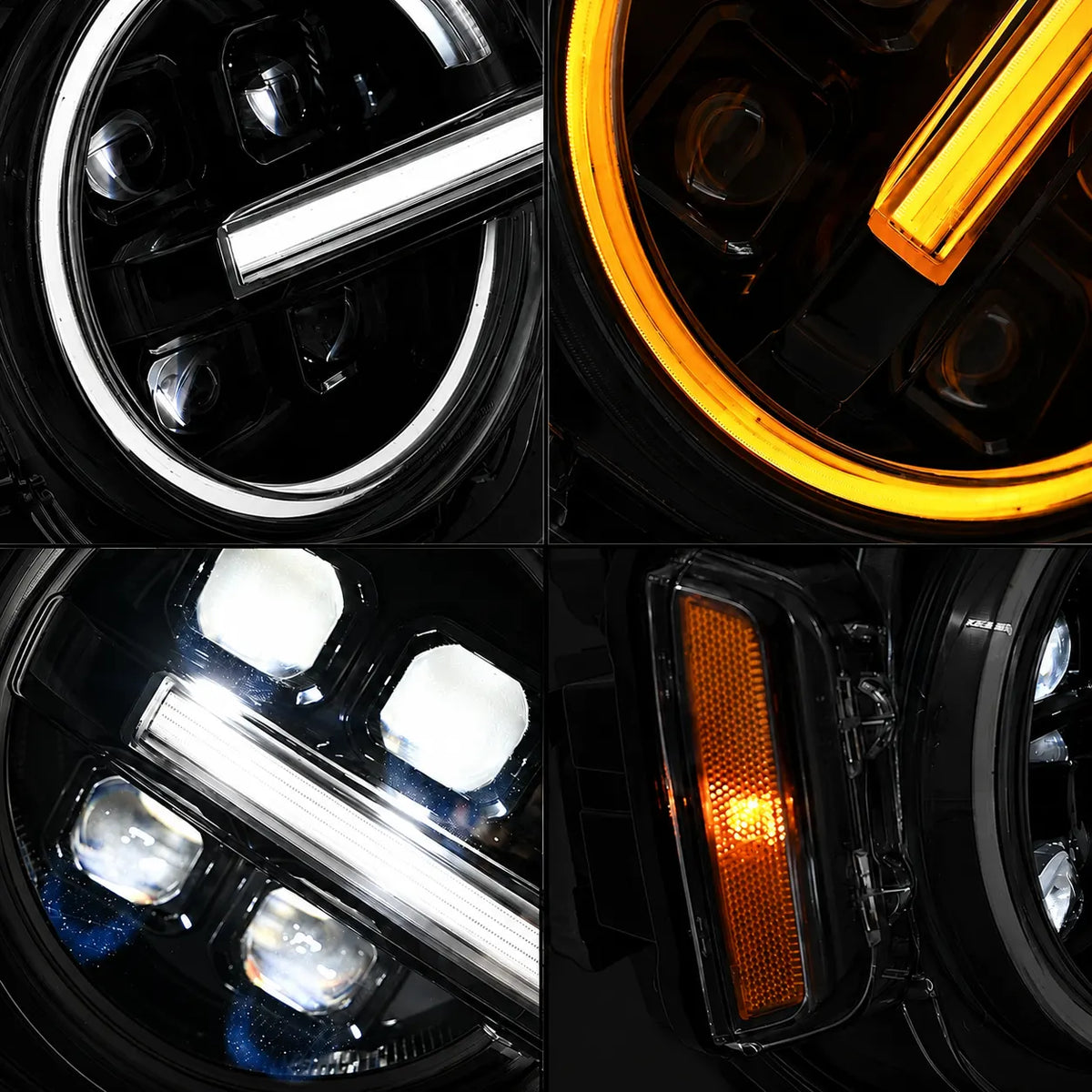 2021-2026 Ford Bronco LED Quad Projector Headlights Assembly — Pair — Four-panel headlight lighting details — H-BR21-4P-RGB