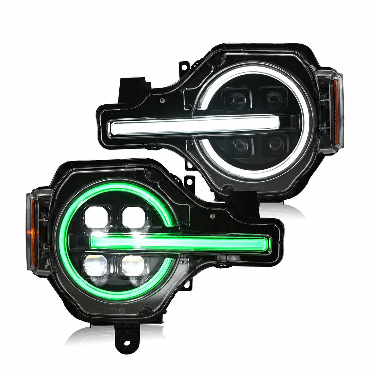 2021-2026 Ford Bronco LED Quad Projector Headlights Assembly — Pair — Pair of RGB headlights on white background — H-BR21-4P-RGB