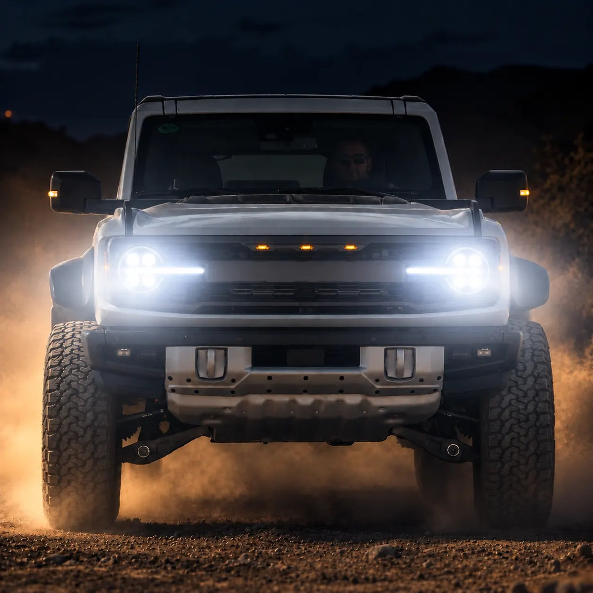 2021-2026 Ford Bronco LED Quad Projector Headlights Assembly — Pair — Bright white headlight beam demonstration — H-BR21-4P-RGB
