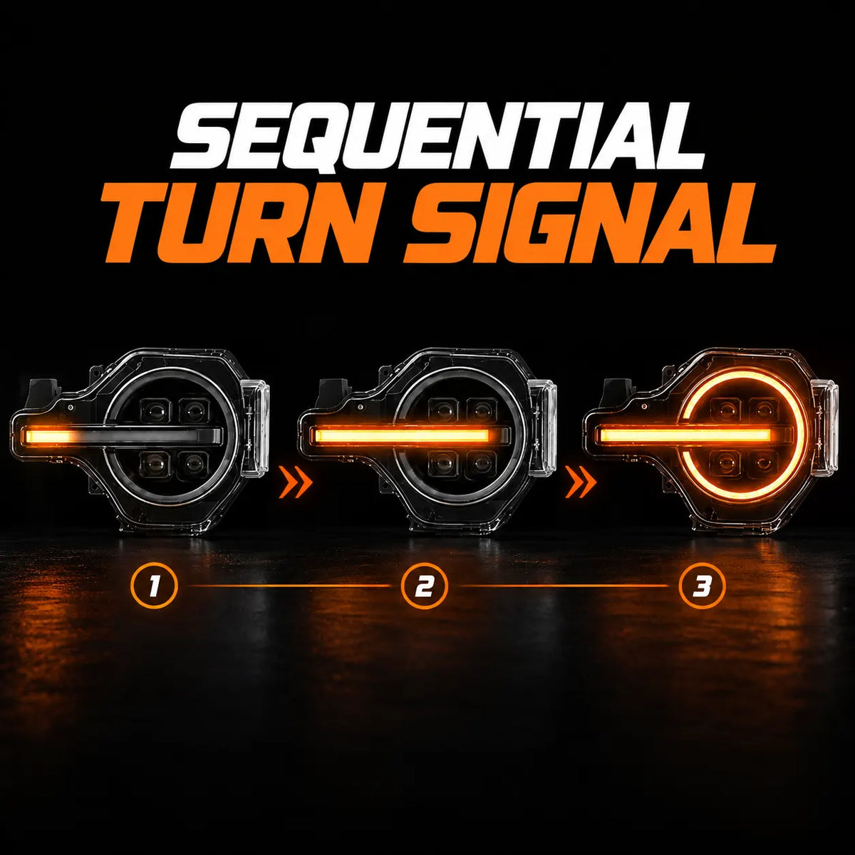 2021-2026 Ford Bronco LED Quad Projector Headlights Assembly — Pair — Sequential amber turn signal stages — H-BR21-4P-RGB