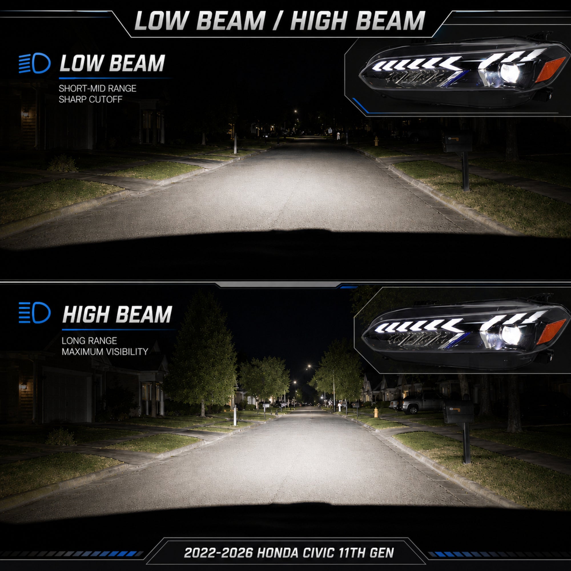 2022-2026 Honda Civic 11th Gen LED Projector Headlights — LED projector high low beam - H-CIV11-A