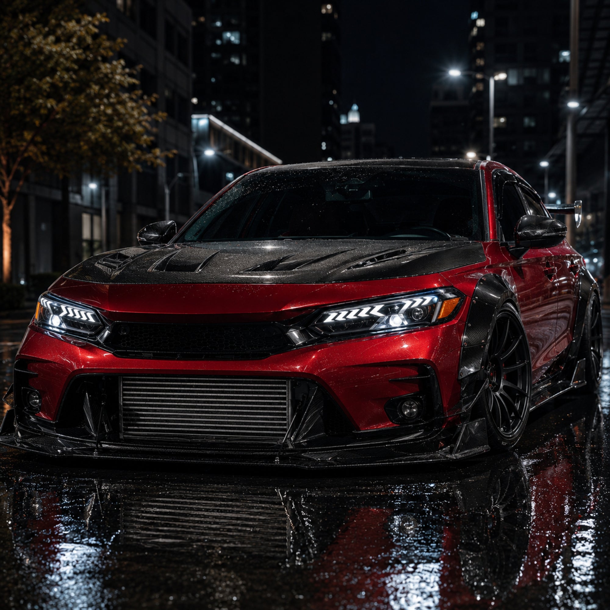 2022-2026 Honda Civic 11th Gen LED Projector Headlights — LED projector red widebody front low - H-CIV11-A