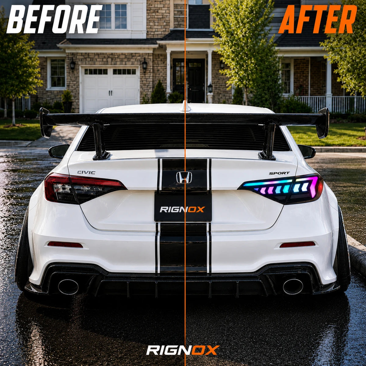 2022-2026 Honda Civic 11th Gen Sedan Sequential LED Tail Lights — before after comparison — T-CIV11-AR-SRGB