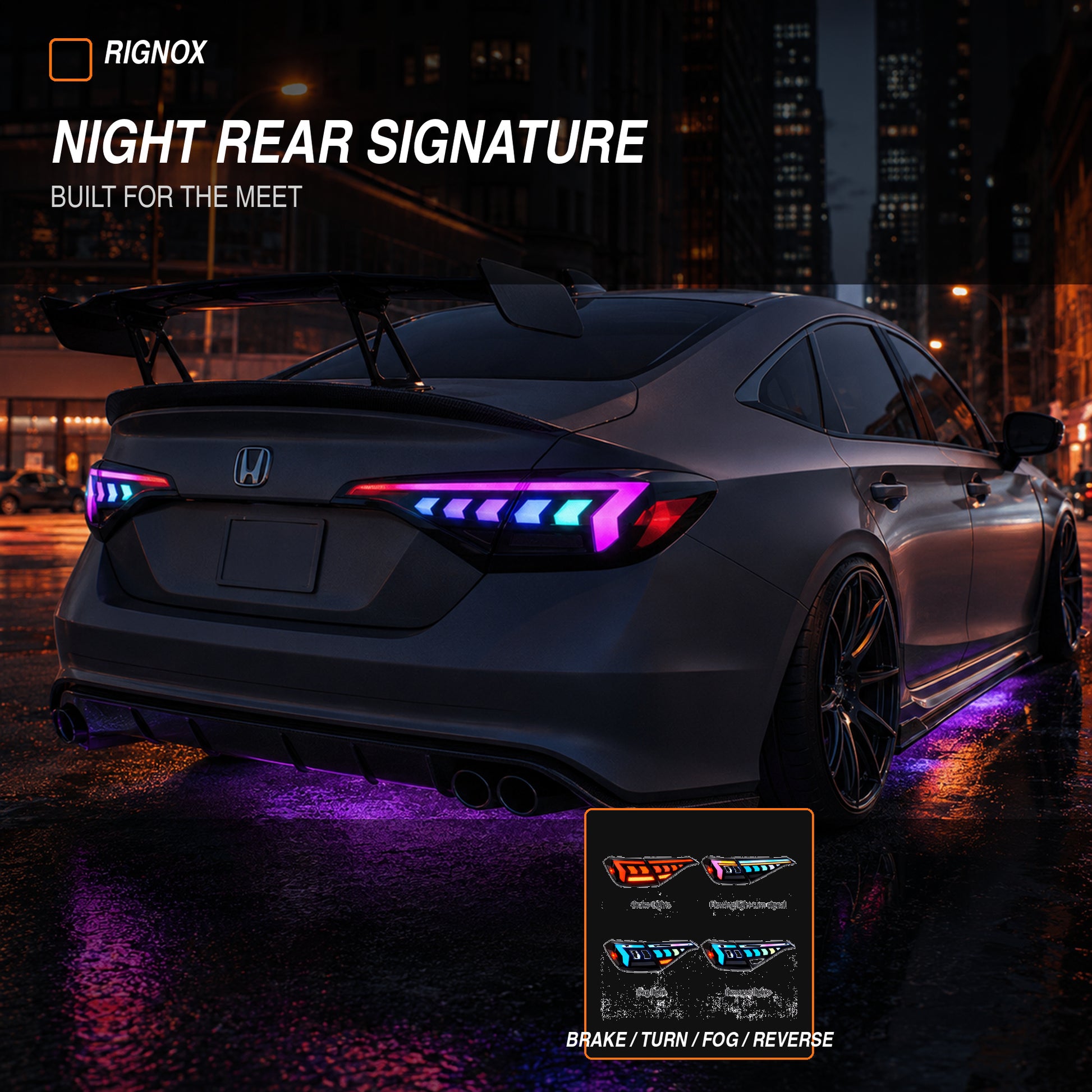 2022-2026 Honda Civic 11th Gen Sedan Sequential LED Tail Lights — smoked RGB feature summary16 - T-CIV11-AR-SRGB