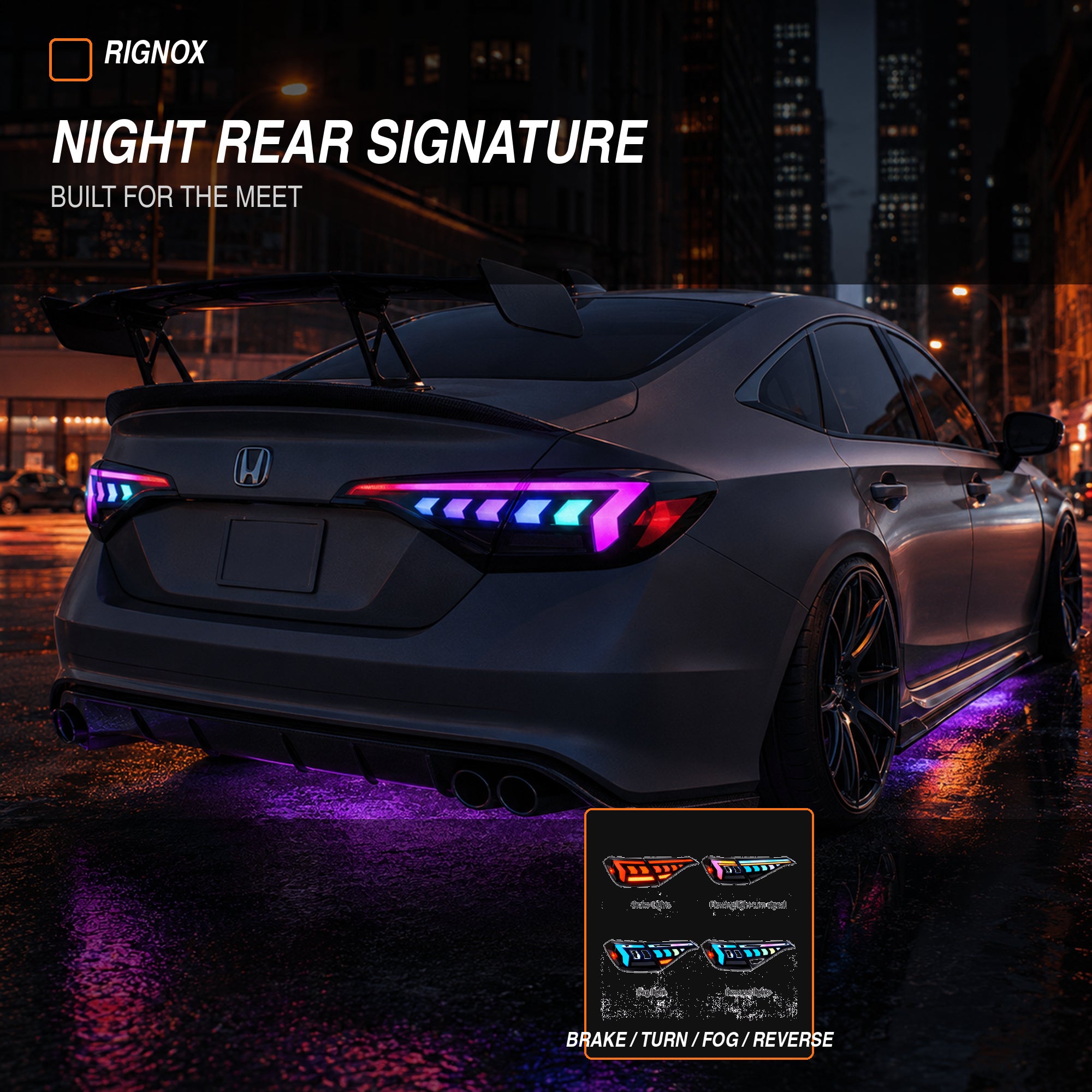 2022-2026 Honda Civic 11th Gen Sedan Sequential LED Tail Lights — smoked RGB feature summary16 - T-CIV11-AR-SRGB