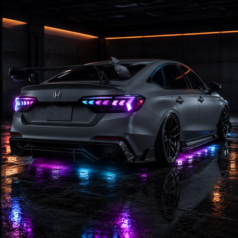 2022-2026 Honda Civic 11th Gen Sedan Sequential LED Tail Lights — smoked RGB garage show07 - T-CIV11-AR-SRGB