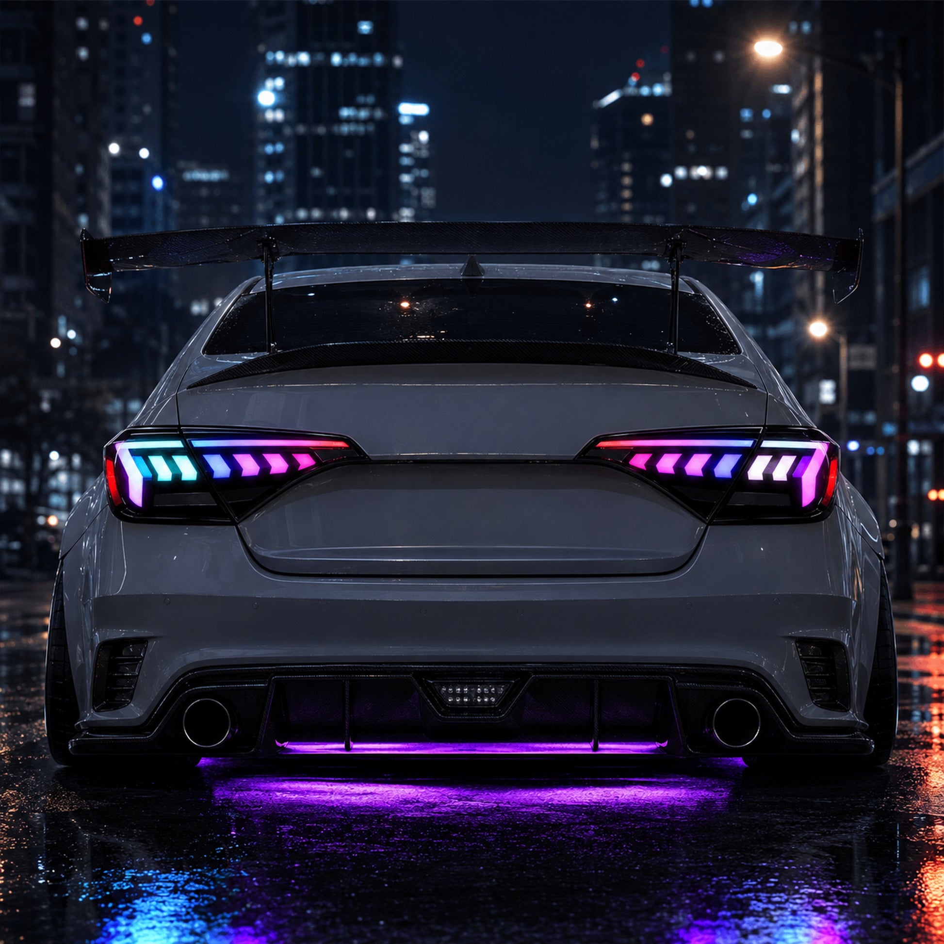 2022-2026 Honda Civic 11th Gen Sedan Sequential LED Tail Lights — smoked RGB installed night03 - T-CIV11-AR-SRGB