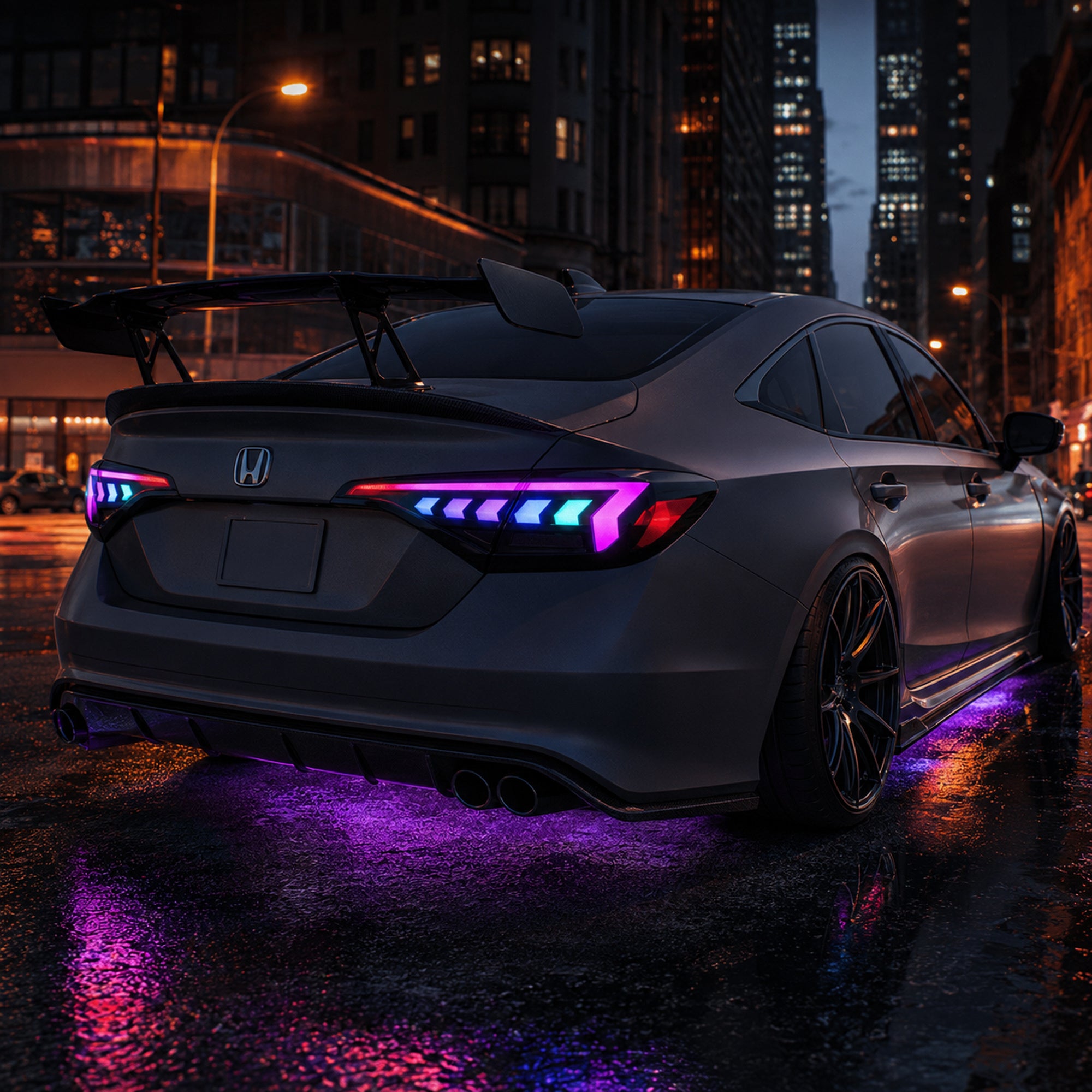 2022-2026 Honda Civic 11th Gen Sedan Sequential LED Tail Lights — smoked RGB social night shot10 - T-CIV11-AR-SRGB