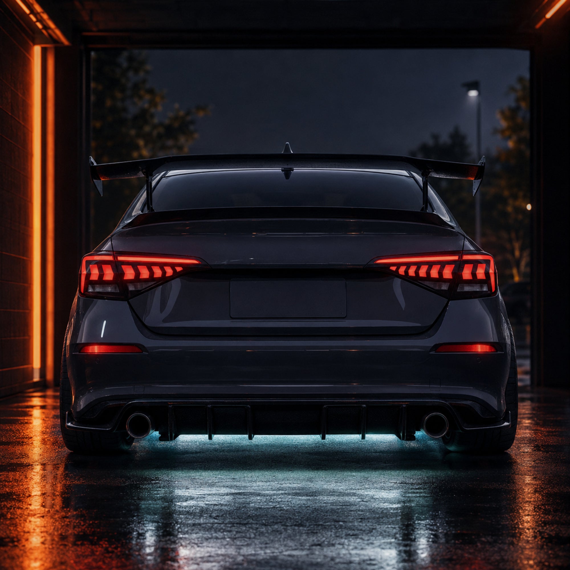 2022-2026 Honda Civic 11th Gen Sedan Sequential LED Tail Lights — smoked white arrow installed rear view02 - T-CIV11-AR-SW